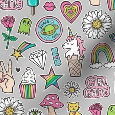 Patches Stickers Doodle Unicorn Ice Cream, Rainbow, Hearts, Stars, Gemstones, Love and Flowers on Grey