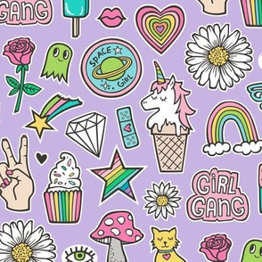 Patches Stickers 90's Doodle Unicorn Ice Cream, Rainbow, Hearts, Stars, Gemstones, Love and Flowers on Purple