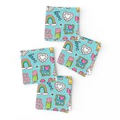 Patches Stickers 90's Doodle Unicorn Ice Cream, Rainbow, Hearts, Stars, Gemstones, Love and Flowers on Blue