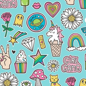 Patches Stickers 90's Doodle Unicorn Ice Cream, Rainbow, Hearts, Stars, Gemstones, Love and Flowers on Blue