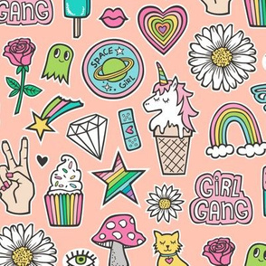 Patches Stickers 90's  Doodle Unicorn Ice Cream, Rainbow, Hearts, Stars, Gemstones, Love and Flowers on Peach