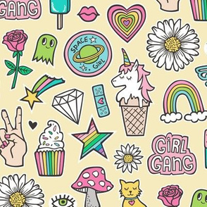Patches Stickers 90's Doodle Unicorn Ice Cream, Rainbow, Hearts, Stars, Gemstones, Love and Flowers on Yellow