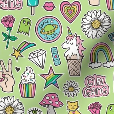 Patches Stickers 90's Doodle Unicorn Ice Cream, Rainbow, Hearts, Stars, Gemstones, Love and Flowers on Green