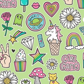 Patches Stickers 90's Doodle Unicorn Ice Cream, Rainbow, Hearts, Stars, Gemstones, Love and Flowers on Green