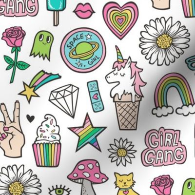 Patches Stickers 90's Doodle Unicorn Ice Cream, Rainbow, Hearts, Stars, Gemstones, Love and Flowers on White