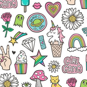 Patches Stickers 90's Doodle Unicorn Ice Cream, Rainbow, Hearts, Stars, Gemstones, Love and Flowers on White