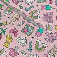 Patches Stickers 90's Doodle Unicorn Ice Cream, Rainbow, Hearts, Stars, Gemstones, Love and Flowers on Pink