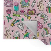 Patches Stickers 90's Doodle Unicorn Ice Cream, Rainbow, Hearts, Stars, Gemstones, Love and Flowers on Pink