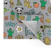 Patches Stickers 90s Summer Doodle Cactus, Panda, Cats, Ice Cream, Palm Tree, Camper Van on Grey