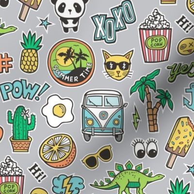 Patches Stickers 90s Summer Doodle Cactus, Panda, Cats, Ice Cream, Palm Tree, Camper Van on Grey