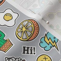 Patches Stickers 90s Summer Doodle Cactus, Panda, Cats, Ice Cream, Palm Tree, Camper Van on Grey