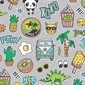 Patches Stickers 90s Summer Doodle Cactus, Panda, Cats, Ice Cream, Palm Tree, Camper Van on Grey