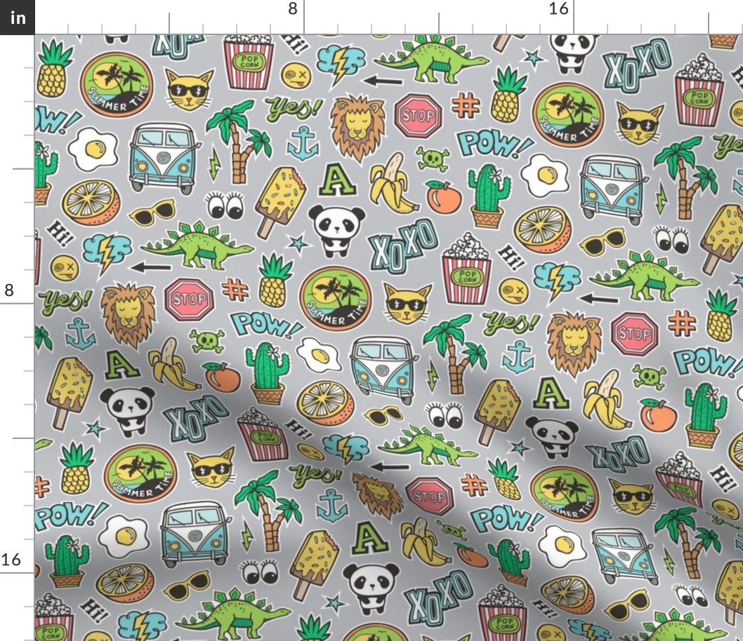 Patches Stickers 90s Summer Doodle Cactus, Panda, Cats, Ice Cream, Palm Tree, Camper Van on Grey