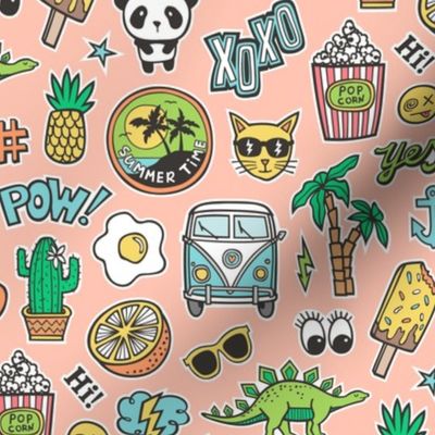 Patches Stickers 90s Summer Doodle Cactus, Panda, Cats, Ice Cream, Palm Tree, Camper Van on Peach