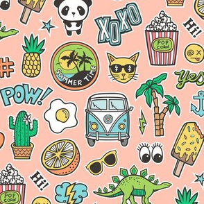 Patches Stickers 90s Summer Doodle Cactus, Panda, Cats, Ice Cream, Palm Tree, Camper Van on Peach