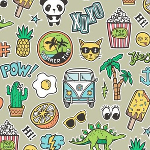 Patches Stickers 90s Summer Doodle Cactus, Panda, Cats, Ice Cream, Palm Tree, Camper Van on  Green