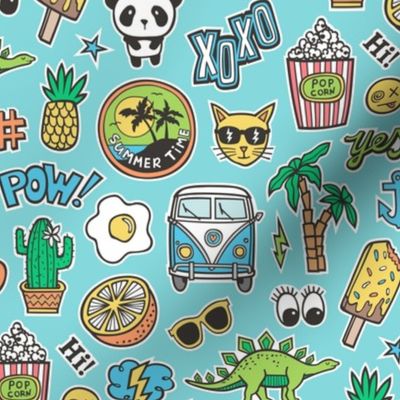 Patches Stickers 90s Summer Doodle Cactus, Panda, Cats, Ice Cream, Palm Tree, Camper Van on Blue