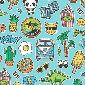 Patches Stickers 90s Summer Doodle Cactus, Panda, Cats, Ice Cream, Palm Tree, Camper Van on Blue