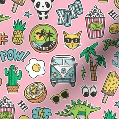Patches Stickers 90s Summer Doodle Cactus, Panda, Cats, Ice Cream, Palm Tree, Camper Van on Pink