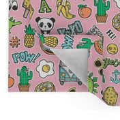 Patches Stickers 90s Summer Doodle Cactus, Panda, Cats, Ice Cream, Palm Tree, Camper Van on Pink