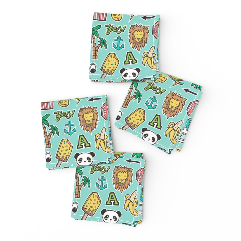 Patches Stickers 90s Summer Doodle Cactus, Panda, Cats, Ice Cream, Palm Tree, Camper Van on Mint Green