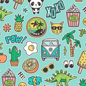 Patches Stickers 90s Summer Doodle Cactus, Panda, Cats, Ice Cream, Palm Tree, Camper Van on Mint Green