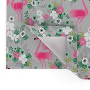 tropical flamingos // pink and grey tropical florals fabric floral summer flamingo design