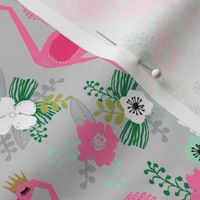 tropical flamingos // pink and grey tropical florals fabric floral summer flamingo design