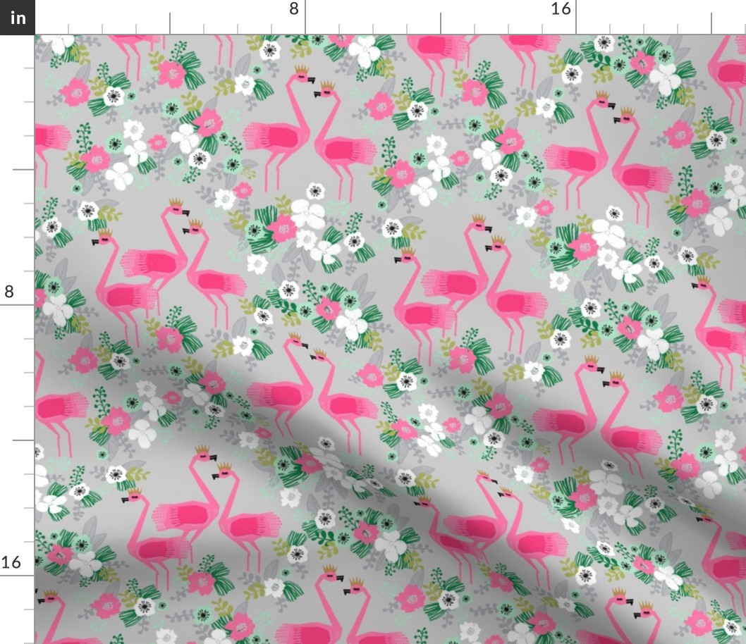 tropical flamingos // pink and grey tropical florals fabric floral summer flamingo design