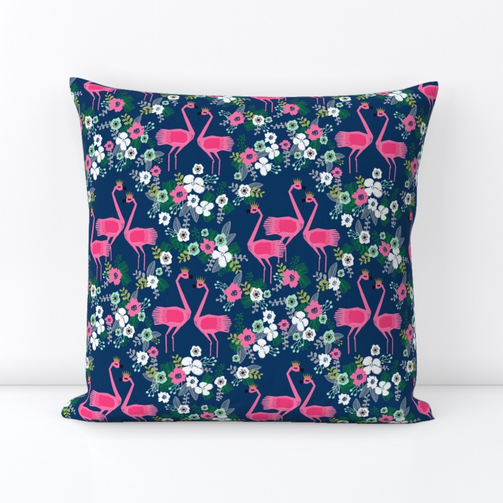 tropical flamingo // navy and pink summer tropical florals fabric flamingo design flamingoes fabric