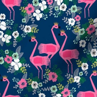 tropical flamingo // navy and pink summer tropical florals fabric flamingo design flamingoes fabric