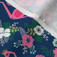 tropical flamingo // navy and pink summer tropical florals fabric flamingo design flamingoes fabric