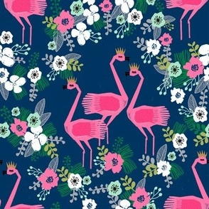 tropical flamingo // navy and pink summer tropical florals fabric flamingo design flamingoes fabric