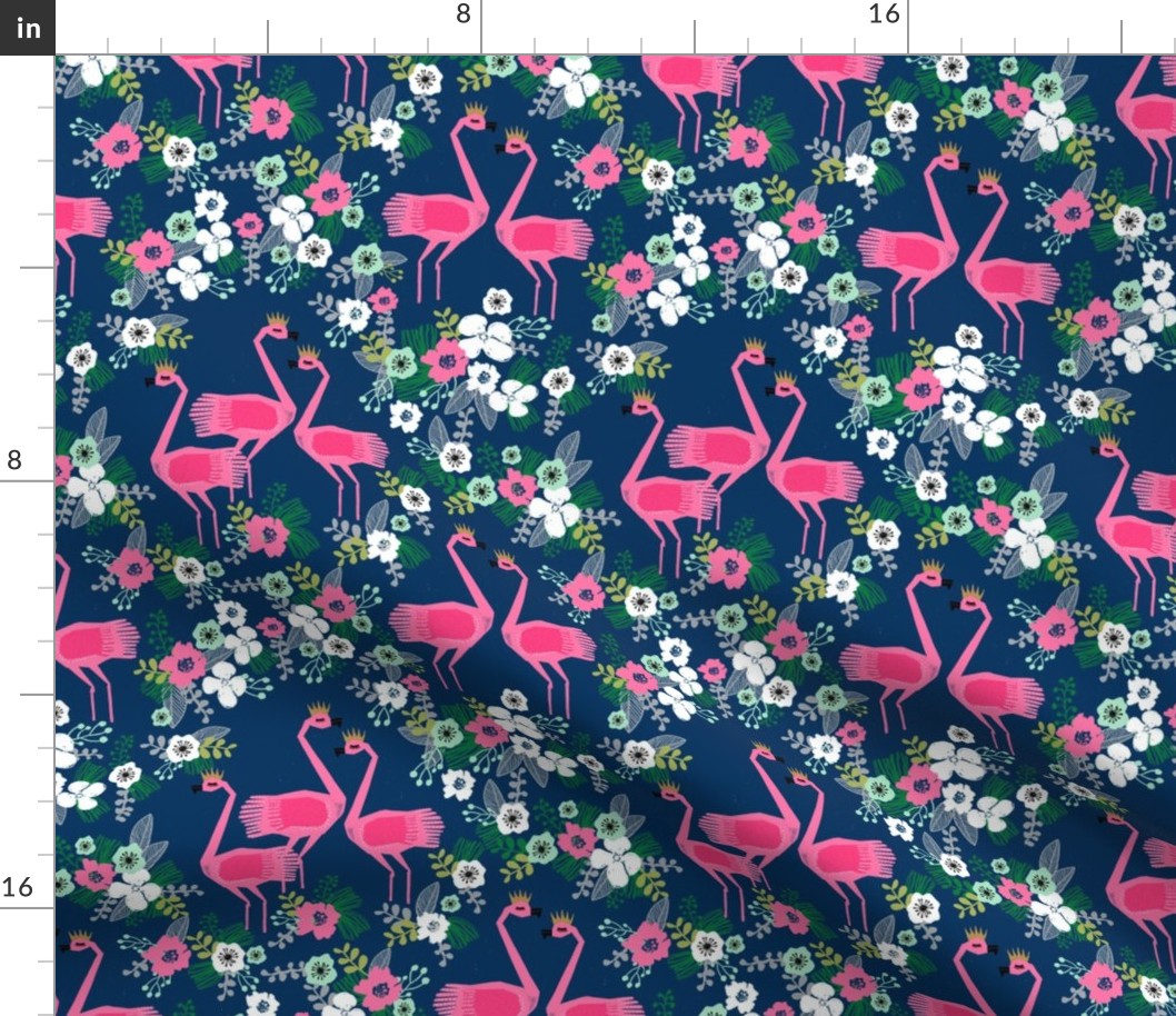 tropical flamingo // navy and pink summer tropical florals fabric flamingo design flamingoes fabric