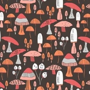 Fall Mushrooms || Red and Pink Mushrooms on Brown || Pumpkin Patch Collection by Sarah Price