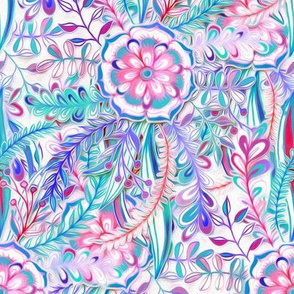 Boho Flower Burst in Pink, Teal and Blue Small Version