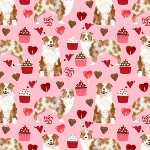 australian shepherd love valentines fabric red merle aussie dog fabric - blossom pink