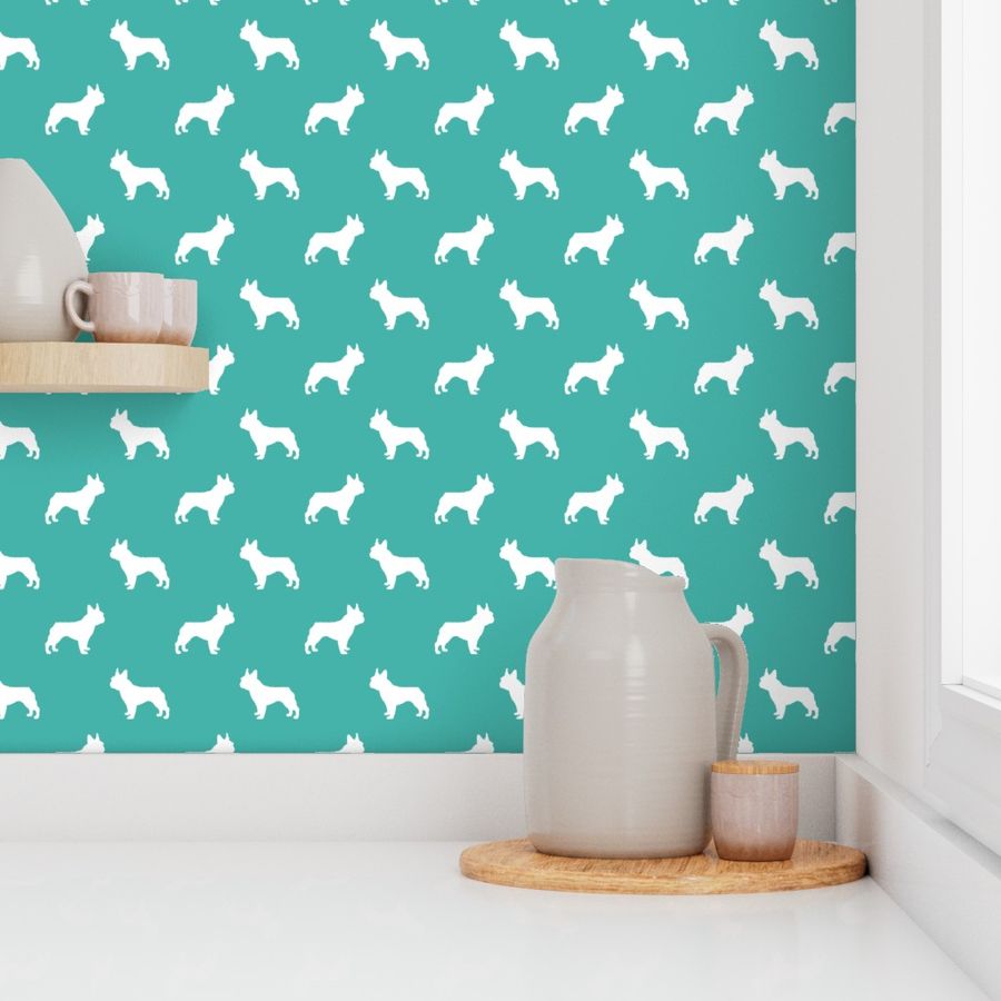 french bulldog fabric dog silhouette fabric - turquoise