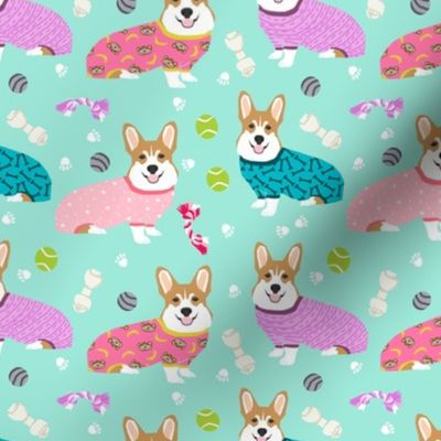 corgis in jammies - girls pink and mint cute dogs in pajamas pyjamas fabric