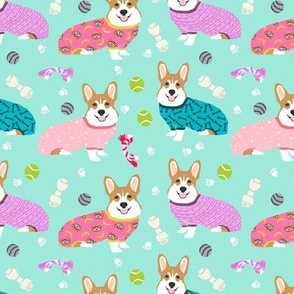 corgis in jammies - girls pink and mint cute dogs in pajamas pyjamas fabric