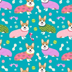 corgis in jammies - girls turquoise cute dogs in pajamas pyjamas fabric