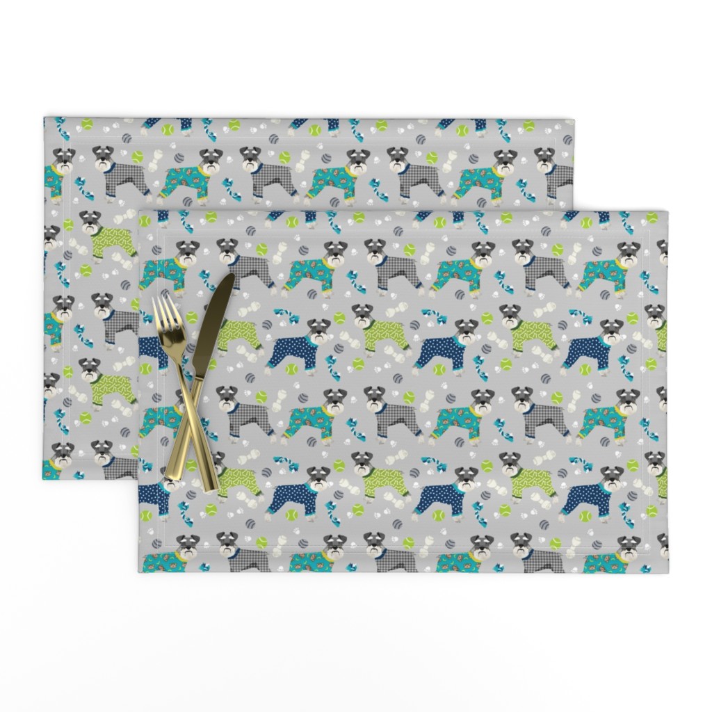 schnauzers in jammies fabric cute dogs in pajamas pyjamas fabric - grey and blue