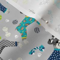 schnauzers in jammies fabric cute dogs in pajamas pyjamas fabric - grey and blue