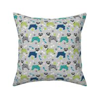 schnauzers in jammies fabric cute dogs in pajamas pyjamas fabric - grey and blue