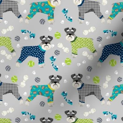 schnauzers in jammies fabric cute dogs in pajamas pyjamas fabric - grey and blue