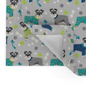 schnauzers in jammies fabric cute dogs in pajamas pyjamas fabric - grey and blue