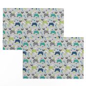 schnauzers in jammies fabric cute dogs in pajamas pyjamas fabric - grey and blue