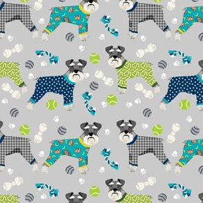 schnauzers in jammies fabric cute dogs in pajamas pyjamas fabric - grey and blue