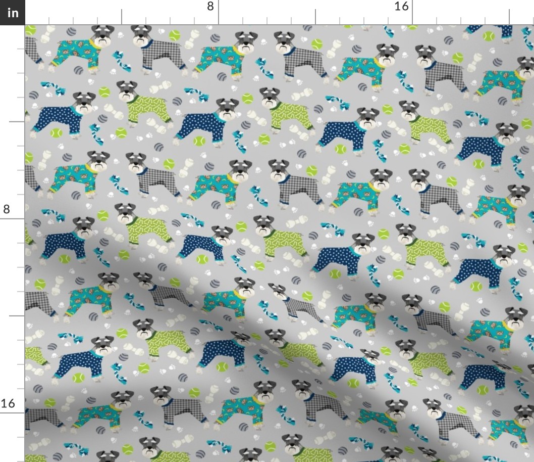 schnauzers in jammies fabric cute dogs in pajamas pyjamas fabric - grey and blue