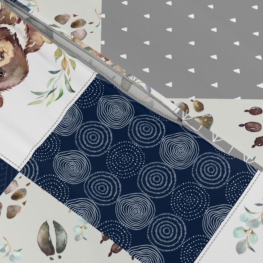 Woodland Animal Tracks Quilt Top, Little Man – Navy + Grey Patchwork Cheater Quilt